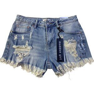 Madden Girl  Size 5 High Rise Distressed Denim Shorts With Frayed Hem